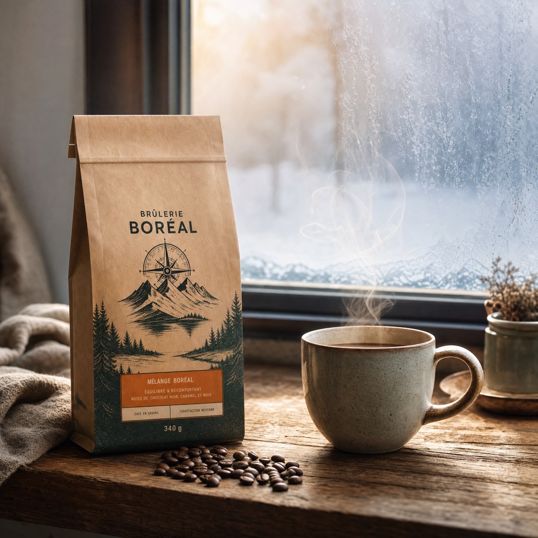 Créatif publicitaire Meta — sac de café Brûlerie Boréal et tasse fumante devant une fenêtre enneigée