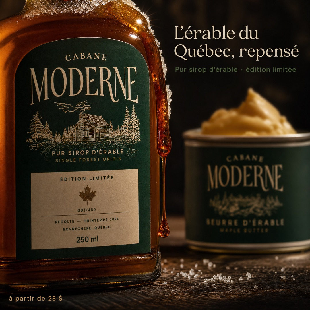 Créatif publicitaire Meta — gros plan de la bouteille de sirop Cabane Moderne, édition limitée