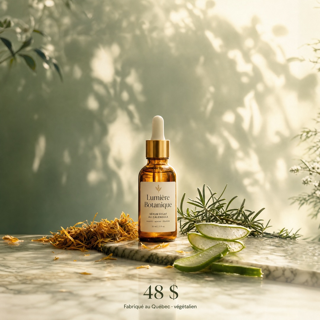Créatif publicitaire Meta — flacon de sérum Lumière Botanique sur marbre avec aloès et romarin